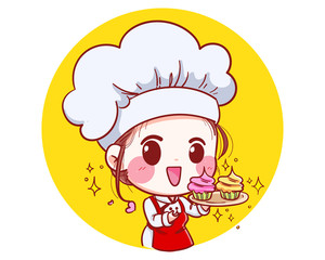 The little bakery girl chef's logo is happy and smiling,tasty and sweet smile vector illustration