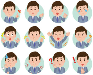 サラリーマン　表情セット　丸アイコン　イラスト