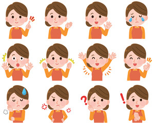 女性　主婦　表情セット　上半身　アイコン　イラスト