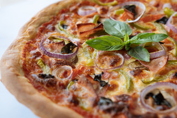 Homemade pizza with basil, mushrooms, onion rings, ham and pepper. Artisan pizza closeup