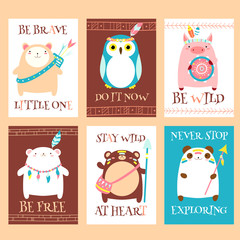 Vector set of cards cute woodland tribal animals