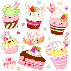 Set of cute sweet icons in kawaii style