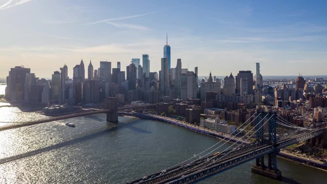 Wall street, lower Manhattan above East River in New York aerial hyperlapse