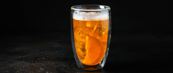 orange lemonade citrus, ice drink beverage soda Menu concept. food background. top view copy space for text