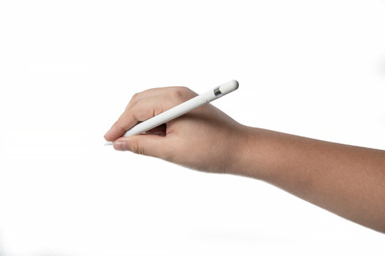 Hands of Children holding digital stylus isolated on white background