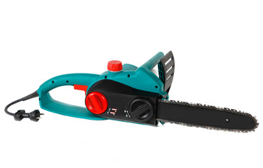 Electric Chainsaw. Green electric chainsaw isolated on white background