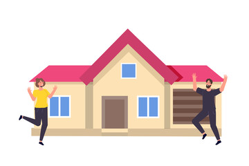 Estate agency concept. Rent cottage. Hapy family near new home. Vector illustration.