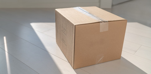 Home delivery cardboard box package delivered at doorstep on floor of entrance door. Parcel shipping for retail online shopping businesses.