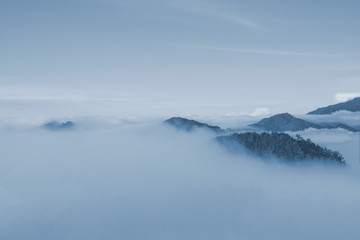 Fototapeta na wymiar landscape, fog and cloud mountain valley , Morning fog , Sun rises .