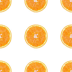 Seamless pattern of isolated slices of orange. Wallpaper for background, design and packaging.