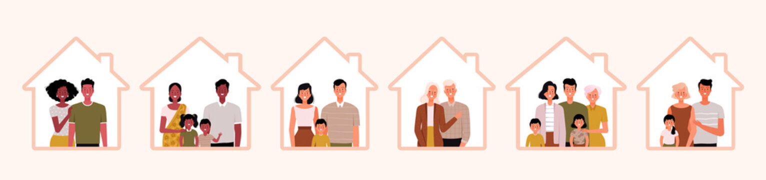 Set of people stay at home. Concept of protection against coronavirus COVID-19. Young parents, children and grandparents inside the house. Family on self-isolation