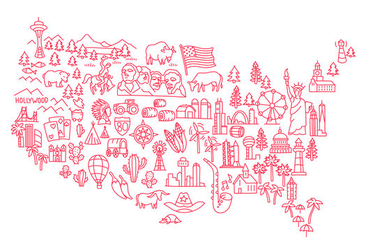 America set of icons. USA tourist attraction. United States of America. Showplace on the map. Red flat line vector.