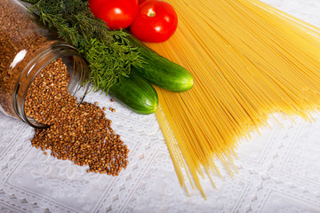 Donat coronavirus of products. Help with the pandemic. Top view on foods. Tasty fresh. Natural vegetarian vitamins. 