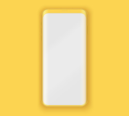 Smartphone layout presentation mockup in yellow color. Example frameless model smartphone with touchscreen. Project application mockup. Vector Illustration