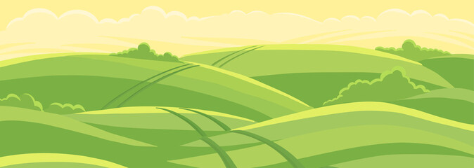 Green field landscape. Field track road. Spring grass. Agricultural farming acreage. Rural landscape. Vector background.
