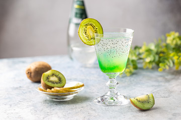 Cold cocktail kiwi drink in a glass with fresh fruits on gray background