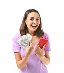 Young woman with wallet and money on white background