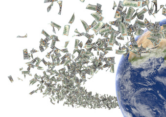 A 3D rendering image of a close up look of banknote orbit around the world