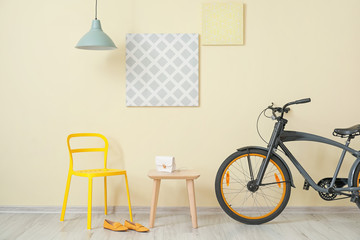 Stylish interior of modern room with bicycle