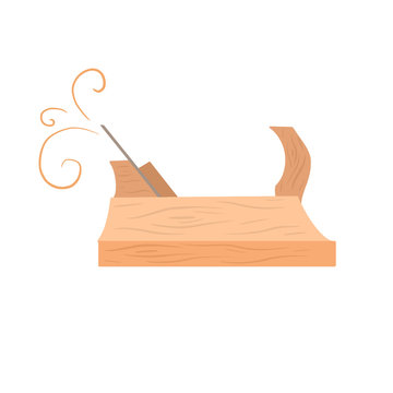 Flat illustration of a wooden carpenter plane with shavings. Old carpentry tools. Hobbies and craft. Vector cartoon object for logos, icons, banners and your creativity.
