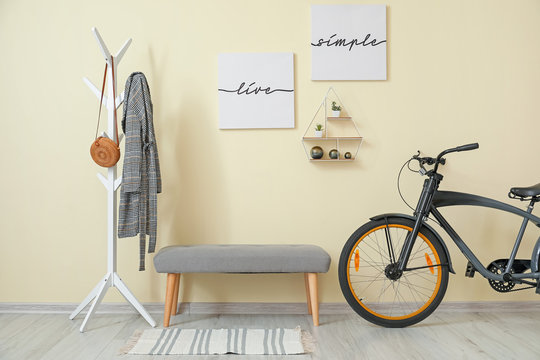 Stylish interior of modern hall with bicycle