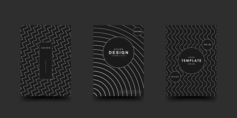 Minimalistic geometric black and white colors cover set. Monochrome abstract dynamic pattern. Vector design for a template of poster, flyer, card, brochure.