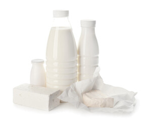 Different dairy products without lactose on white background