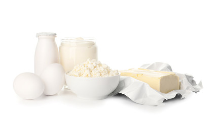 Different dairy products without lactose on white background