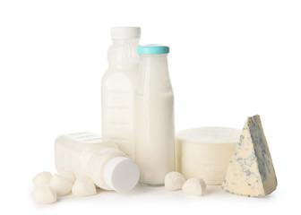 Different dairy products without lactose on white background
