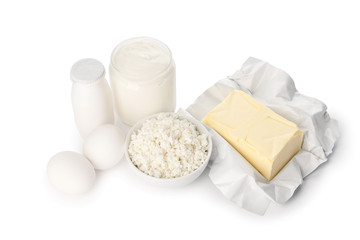 Different dairy products without lactose on white background