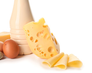 Different dairy products without lactose on white background
