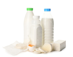 Different dairy products without lactose on white background