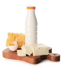 Different dairy products without lactose on white background