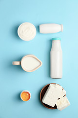 Different dairy products without lactose on color background