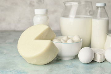 Different dairy products without lactose on table