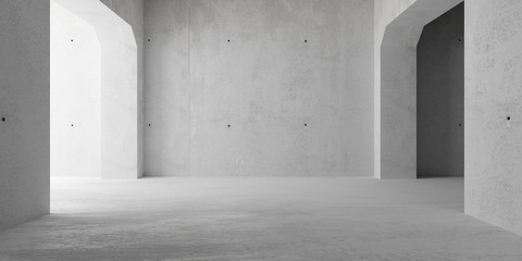 Abstract empty, modern concrete walls room with archways and indirekt light from the left and rough floor - industrial interior background template