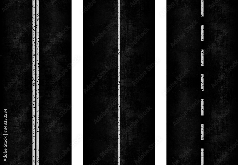 Wall mural three types of dividing strips on black asphalt road. solid band, double solid and dotted. graphic i