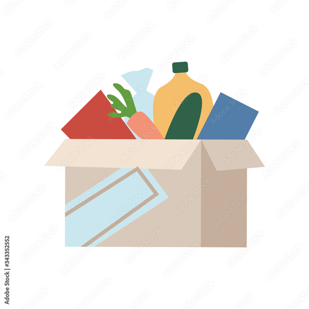 Poster cardboard box with food symbol of donation and charity