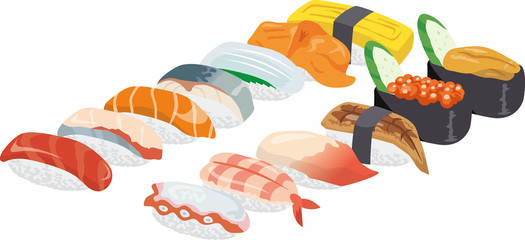 Naklejka premium 寿司が並んでいるイメージイラスト