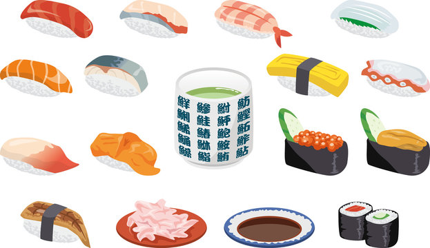 寿司単品セット（お茶、しょうが、醤油）のイメージイラスト