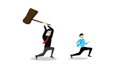 Illustration of a businessman with a hammer chasing business opponents. Suitable for presentations, web templates, advertisements, news, etc.