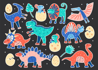 Set of little cute dinosaurs. Triceratops, T-rex, diplodocus, pteranodon, stegosaurus. Prehistoric animals. Jurassic world. Flat colourful vector illustration, art isolated on dark background. © Fox._.biz