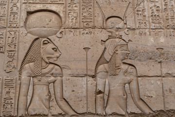 Egyptian goddesses Sekhmet and Hathor, Egypt