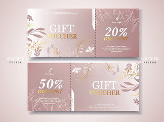 Vector gift voucher template with Rose gold , Mini flowers. Business floral card template. Abstract background. Concept for boutique, floral shop, beauty salon, spa, fashion, flyer, banner design.