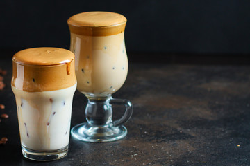 Dalgona coffee trend ice drink
cappuccino or latte fluffy creamy whipped
Menu concept healthy eating. food background top view copy space for text