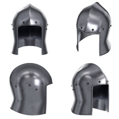 Set of Medieval Knight Barbute Helmet. Ancient equipment for battlefields. 3D render Illustration Isolated on white background.