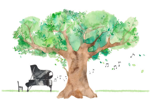 大きな木とグランドピアノ、左、音符付き