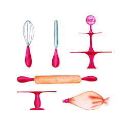 Watercolor pastry utensils set isolated on white background. Hand-drawn bakery tools collection. Rolling pin, knife, stand for sweets, pastry bag and whisk.