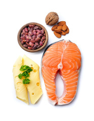 Healthy food. Fresh fish,beans, dairy products.