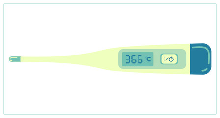 Vector flat illustration with medical thermometer icon, medical equipment. For web, logo, app, UI. Isolated on white